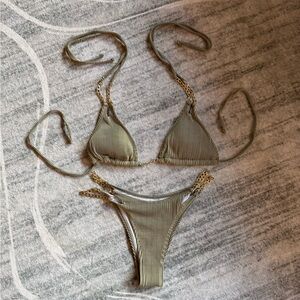 Green and gold ribbed bikini set